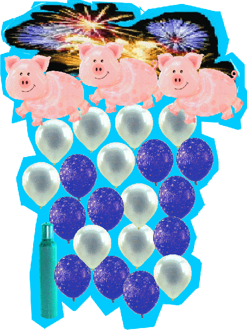 Silvesterdekoration mit Ballons und Helium, Feuerwerk und Glücksschweinchen