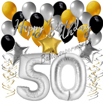 Geburtstagsdeko-Set-zum-50.-Geburtstag-Happy-Birthday-Silber-Gold-Schwarz