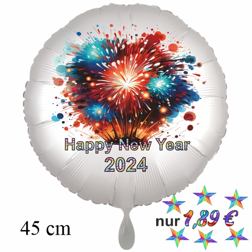 Silvester-Rundballon weiß aus Folie, "Happy New Year - 2024"
