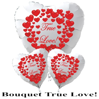 True Love! Wahre Liebe! Herzluftballon-Bouquet zum Valentinstag. Schwebendes Geschenk mit Helium.