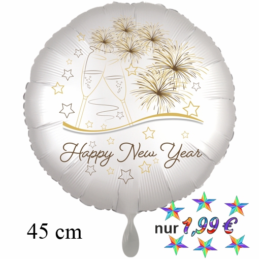 Silvester-Rundballon Satin de Luxe weiß aus Folie, "Happy New Year"