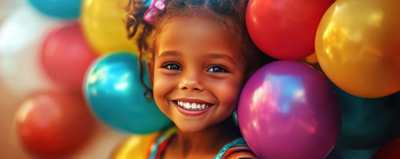 Strahlende Kinderaugen mit Ballons auf der Kinderparty